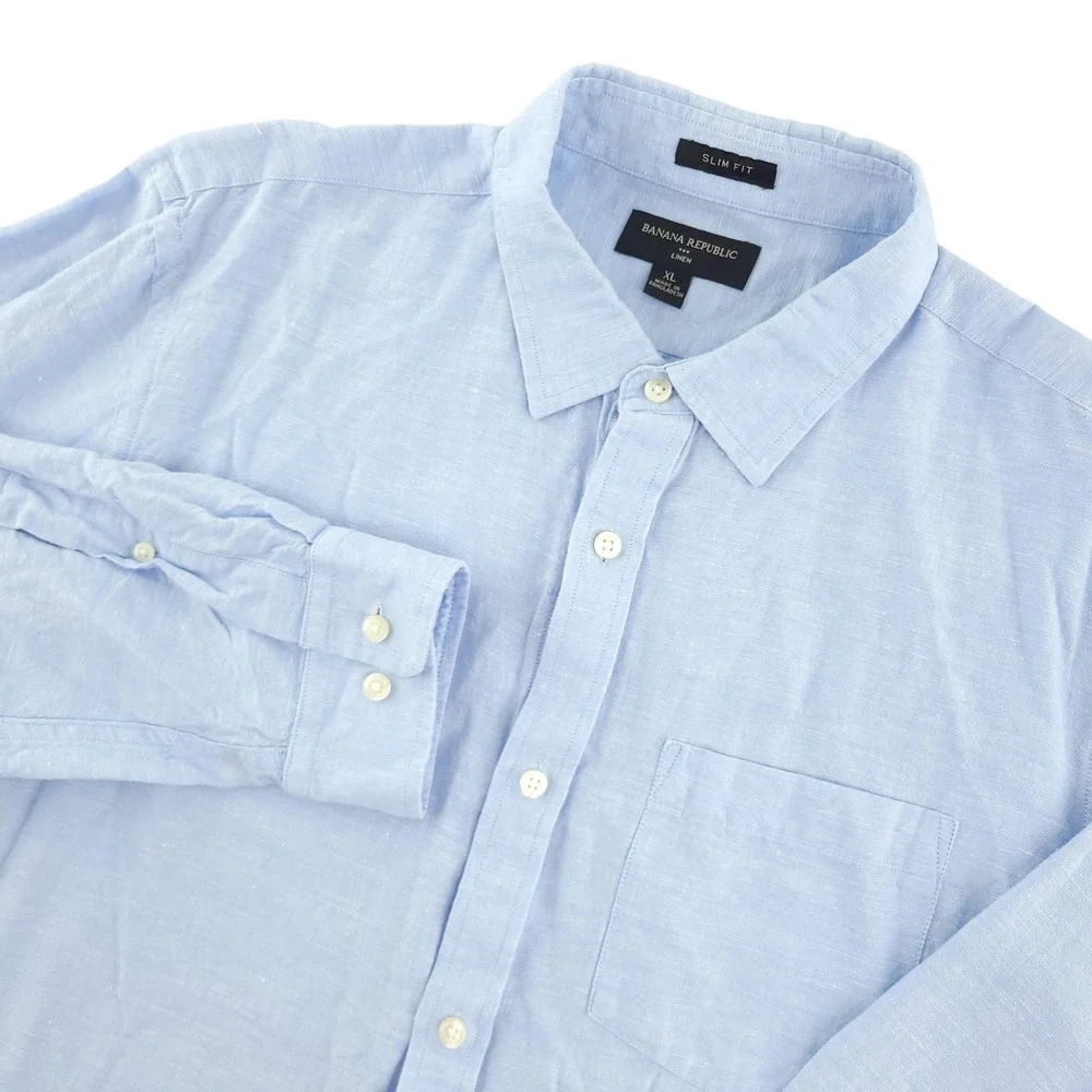 Banana Republic Shirt Mens XL Blue Solid Long Sleeve Linen Button Up Slim Fit